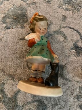 Vintage Ceramic Girl Figurine in Green Dress with Black Cat